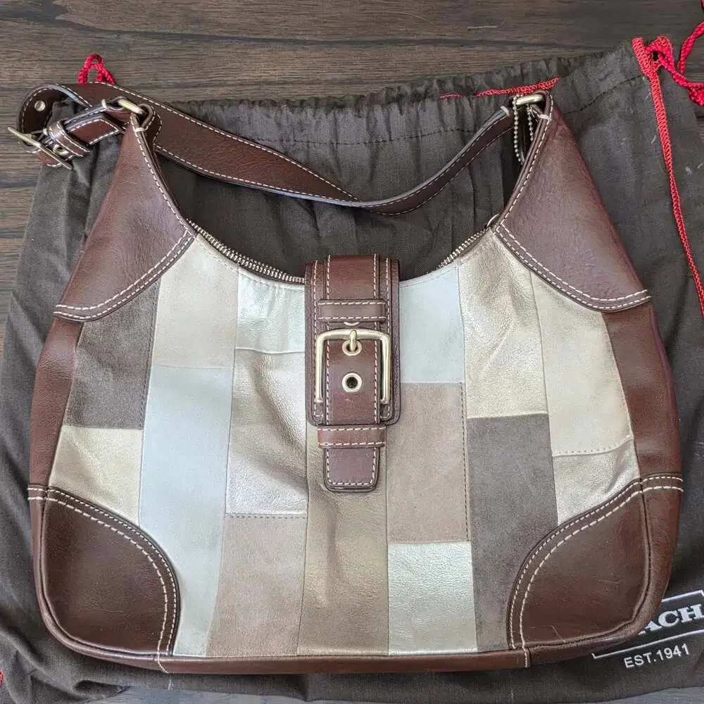 Coach Patchwork Suede and Leather Hobo Bag in Metallic Gold and Brown